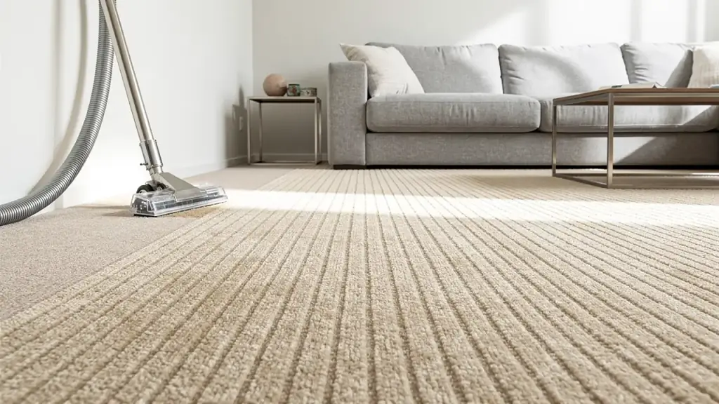 A living room carpet with fresh extraction lanes beside a cleaned sectional sofa