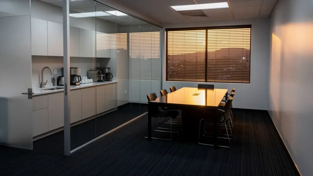 A small office suite after hours with wiped glass partitions and a clean breakroom