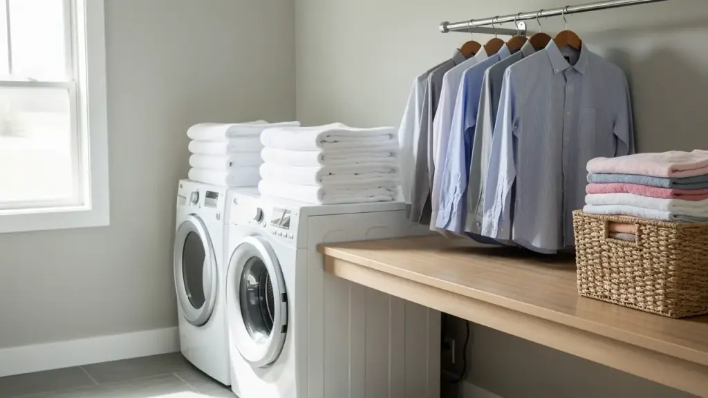 Folded towels on a dryer and pressed shirts hanging in a home laundry room