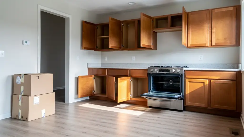 An empty kitchen with cabinet doors open and wiped inside, moving boxes by the door